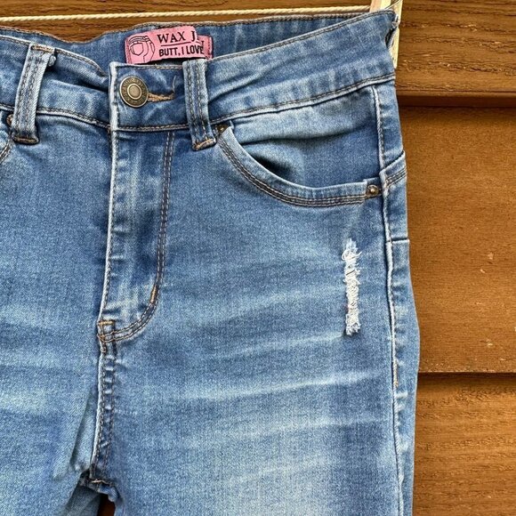 Wax Jeans 'Butt I Love you' Distressed Skinny Mid-Rise Denim Medium Blue Wash - Picture 4 of 13